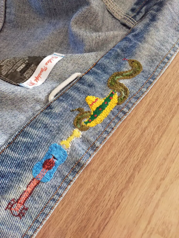 Col Brodé mexicain sombrero serpent guirare veste jean 3