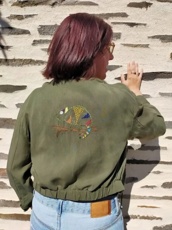Veste Kaki Bombers Originale Caméléon Broderie Main Artisanale Slow Fashion 3