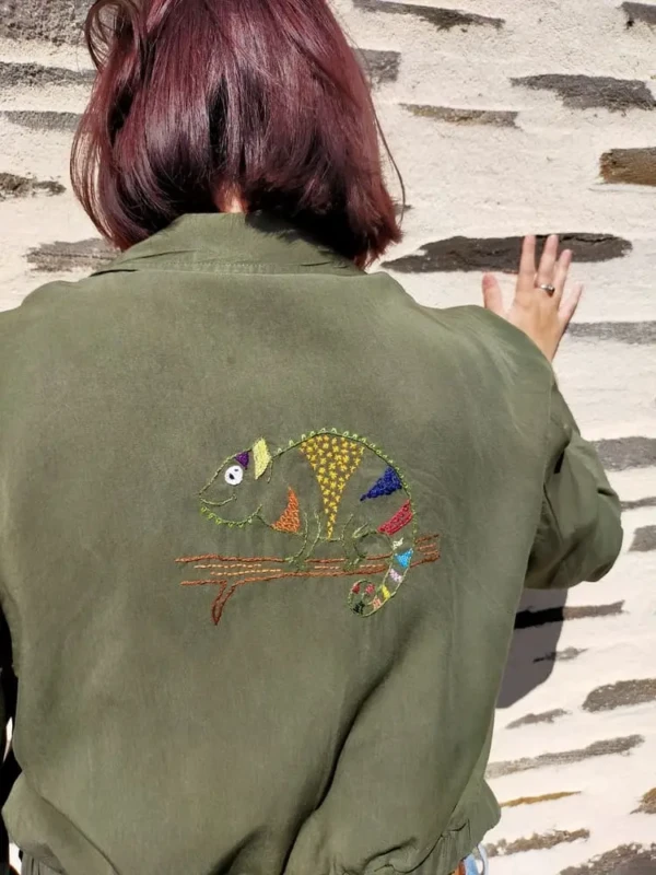 Veste Kaki Bombers Originale Caméléon Broderie Main Artisanale Slow Fashion 4